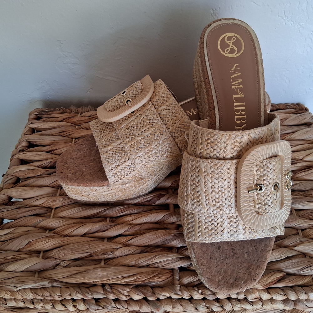 SAM AND LIBBY  Sz 9 Wedge Natural Raffia Slide Sandals - Beige - Picture 2 of 7